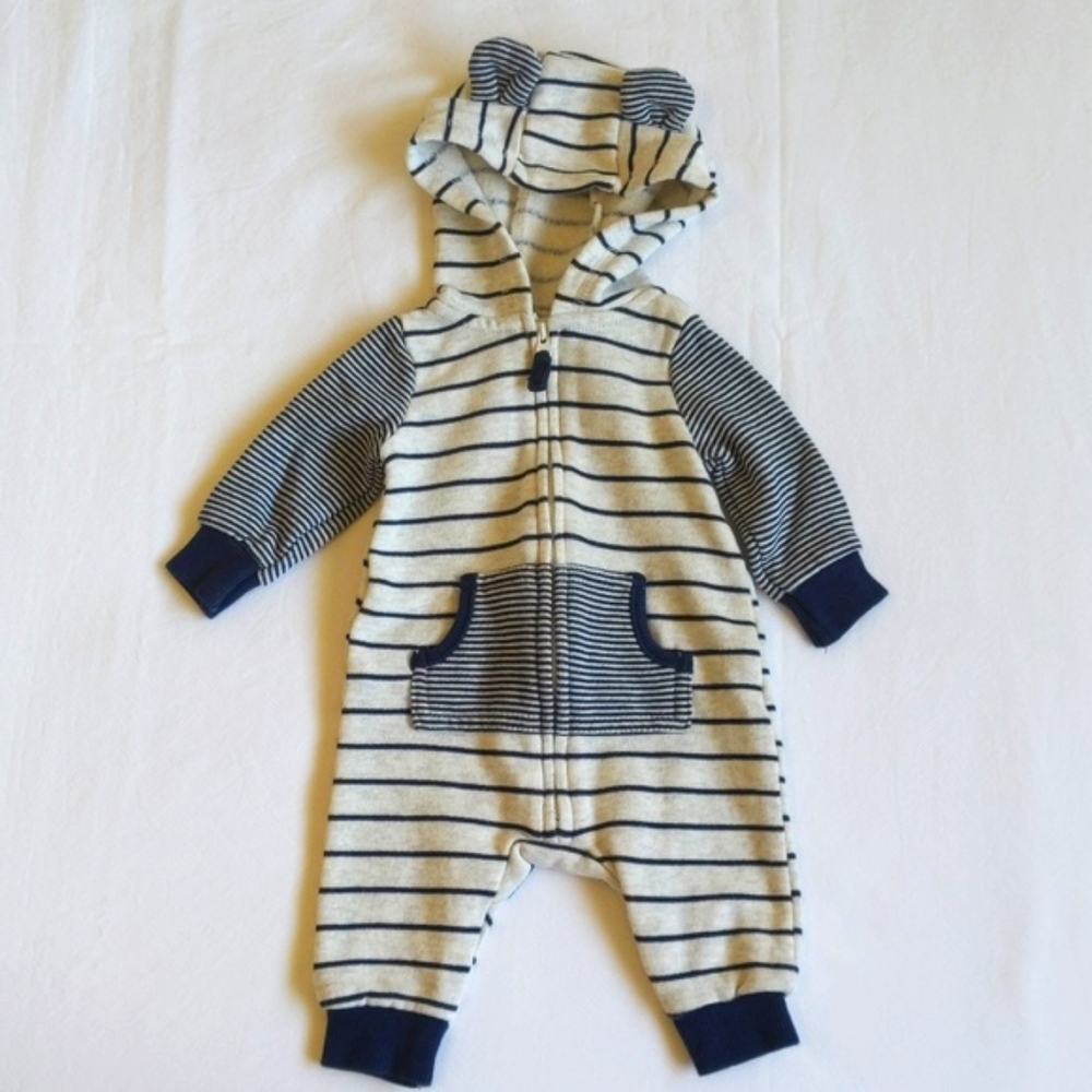 carter's comfy striped fleece-lined zip-up hoodie jumpsuit 3 months baby boy